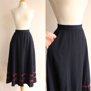 Vintage Ralph Lauren Skirt, Sz 6, Navy Blue Wool Tea Length with Burgundy Stripe